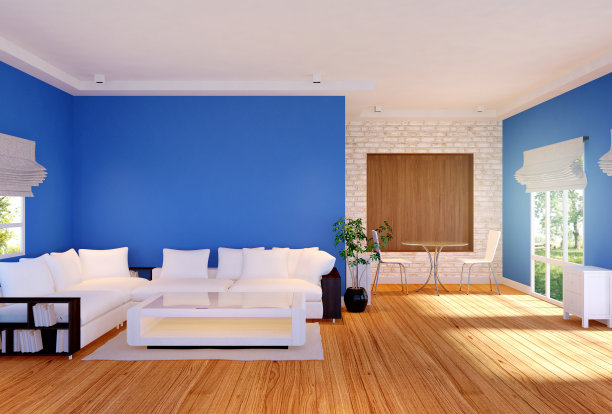 现代客厅内饰有家具和蓝色空墙图片下载