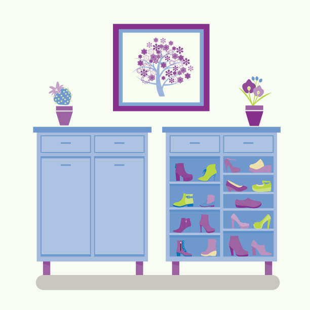 鞋履摆放在更衣室的架子上，款式为平底鞋。图片下载