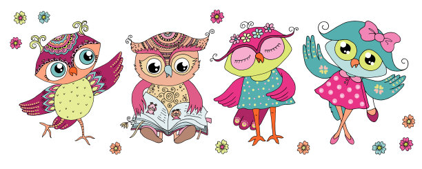 四只可爱的彩色卡通猫头鹰图片下载