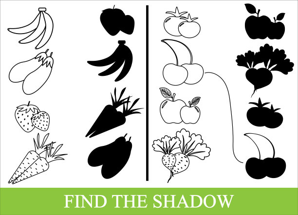 给蔬菜、水果和浆果着色，找到正确的阴影。孩子的游戏。图片下载