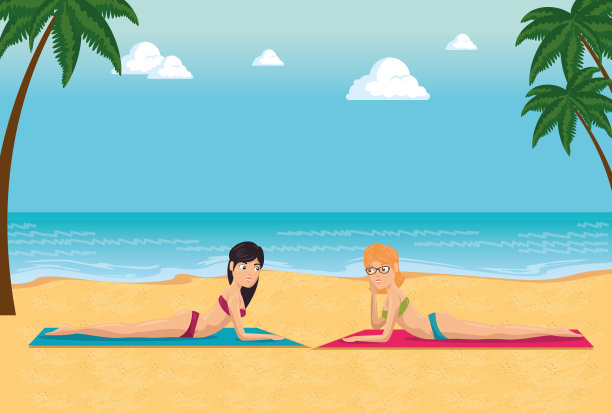 美丽的女人在海滩上晒太阳设计图片下载