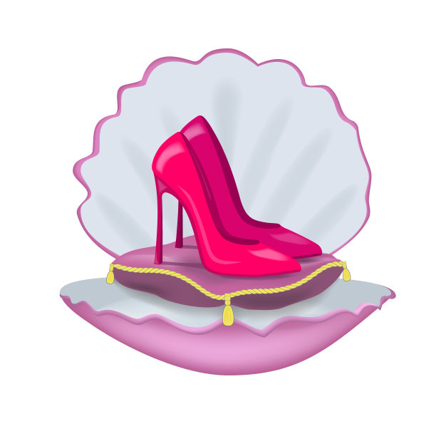 红色的女鞋和打开珍珠壳接近白色的背景图片下载