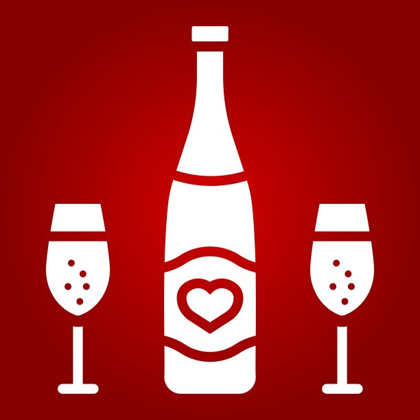瓶中的香槟与眼镜象形图标，情人节和浪漫，酒精符号矢量图形，一个固体图案上的红色背景，eps 10。图片下载