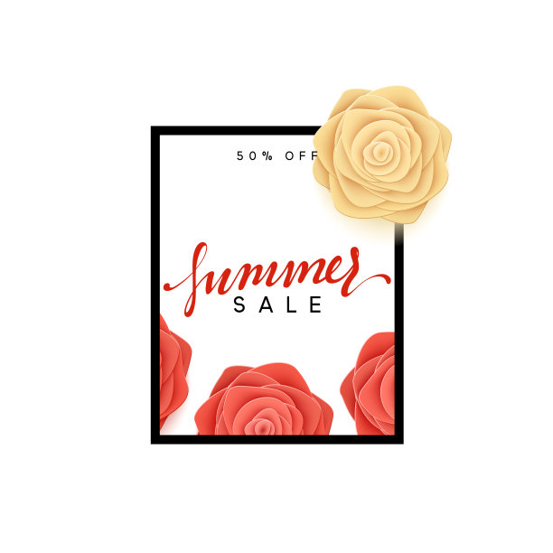 夏天出售旗帜。鲜花美丽的玫瑰风格的纸艺术插图图片下载