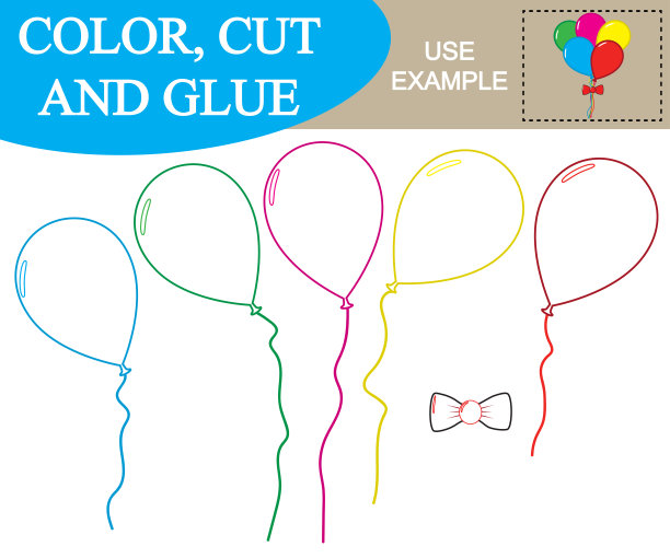 创造气球的形象。工作表。颜色，切割和胶水。游戏对孩子们。图片下载