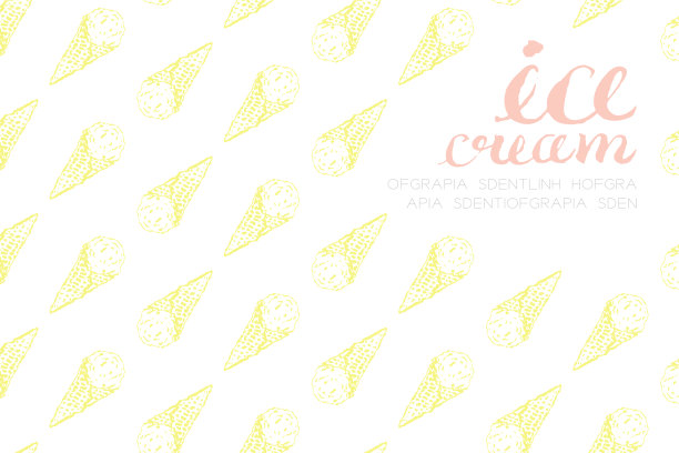 冰淇淋勺圆锥图案手绘插图，笔刷风格的黄色和冰淇淋文字粉色孤立的白色背景，与复制空间图片下载