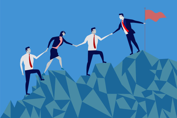 商人和女商人爬上山，达到目标或解决问题图片下载