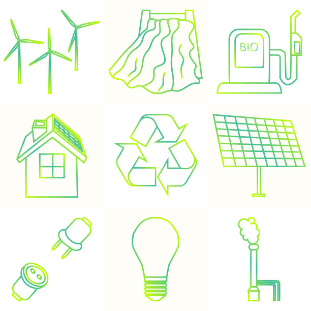 矢量组简单的生态相关的轮廓梯度图标。包含不同类型的发电图标图片下载