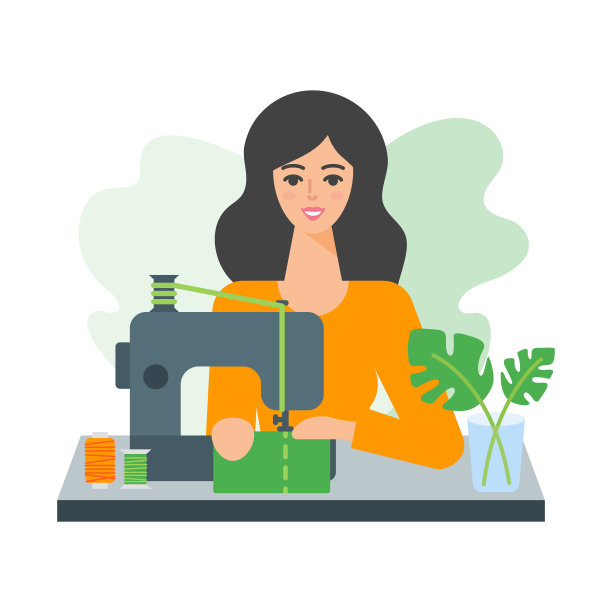 一个女人使用缝纫机的矢量插图图片下载