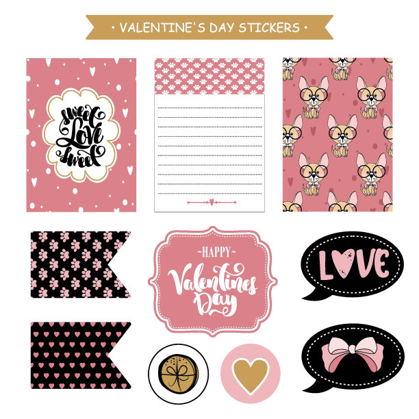 贴纸一套有趣的狗与心脏。情人节。矢量插图。图片下载