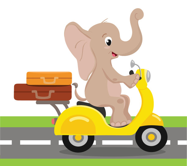 大象在踏板车上旅行。矢量插图。素材图片