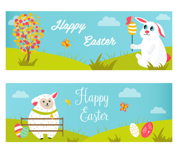 节日鲜艳的横幅上有兔子、绵羊、鸡蛋图片下载