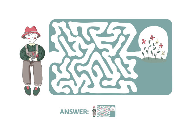 有园丁和花的儿童迷宫。儿童益智游戏，矢量迷宫插图。素材图片