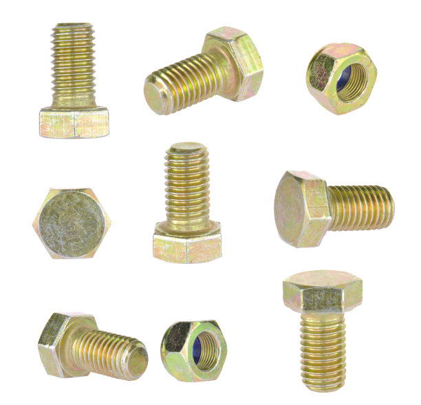 带螺母的锌金属螺栓。收集孤立在白色背景图片下载