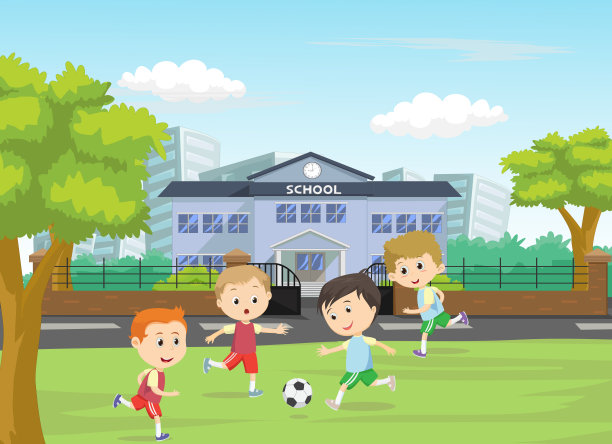 男孩们在操场上踢足球的插图图片下载