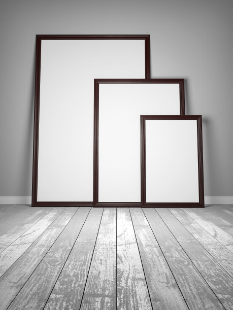 空荡荡的房间，旧木地板，粗糙的灰泥墙和空白的画框图片下载
