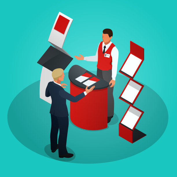 等距的促销摊位或展览摊位，包括展示桌子、架子和人与产品和传单图片下载