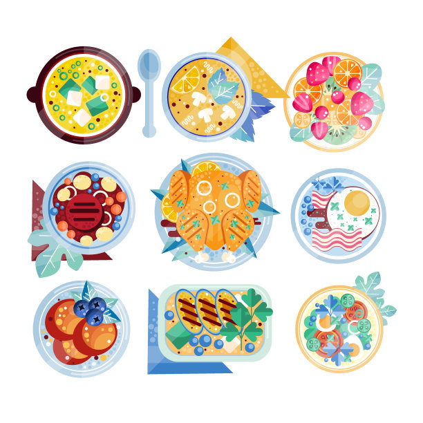 丰富多彩的食物图标。装有各种菜肴的盘子。培根炒蛋，蘑菇汤，鸡肉，牛排，水果。平面矢量餐厅菜单或移动应用程序图片下载