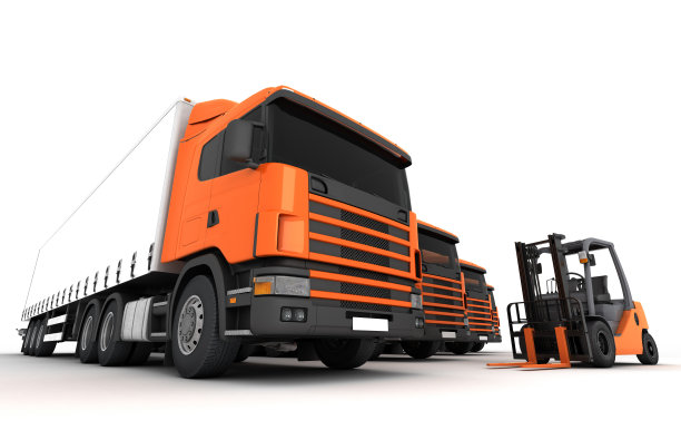 物流配送理念。一组倾斜货车在前景，叉车在背景仓库隔离在白色背景。前面的透视图。三维演示图片下载