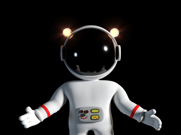 卡通宇航员角色在白色太空服在张开双臂姿势(3d插图，孤立在黑色背景)图片下载