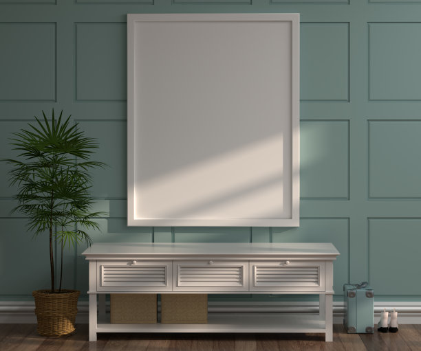 白色小屋和模拟的白色框架前绿色墙3d渲染豪华客厅复古风格房间室内家居设计图片下载