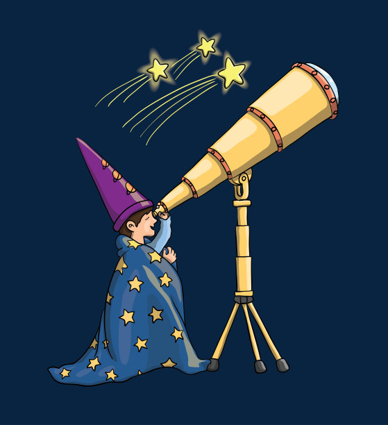 小男孩戴着占星家的帽子，通过望远镜看流星图片下载