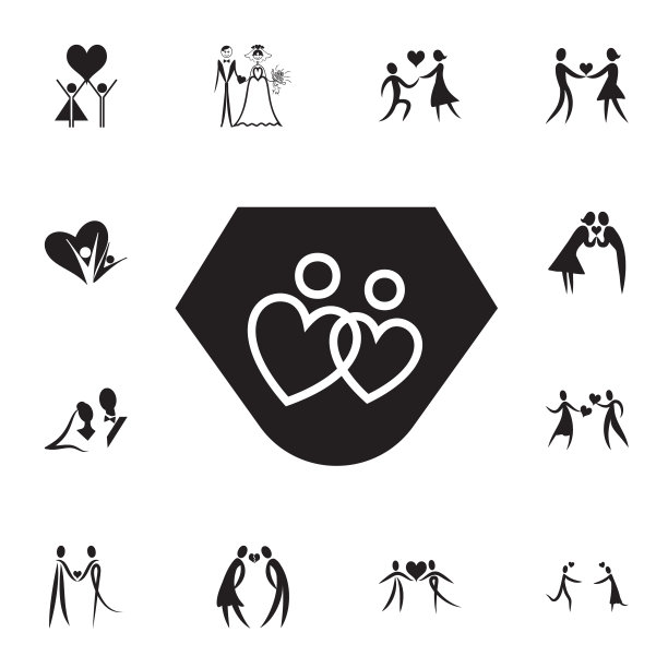 心形图标的恩爱夫妻。设置的情人节元素图标。照片相机质量平面设计收集图标网站，网页设计，移动应用程序图片下载