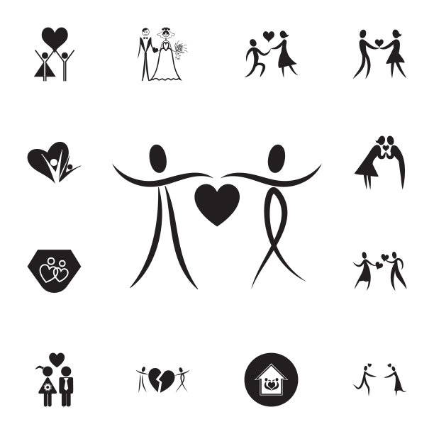 有爱心图标的恩爱夫妻。设置的情人节元素图标。照片相机质量平面设计收集图标网站，网页设计，移动应用程序图片下载