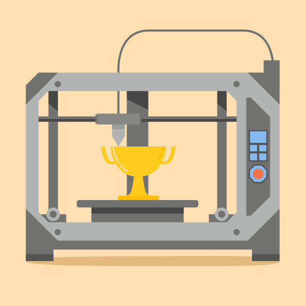 工业家居工厂3D打印机打印运动金杯平面风格矢量。运动杯的挤压和制作过程。图片下载