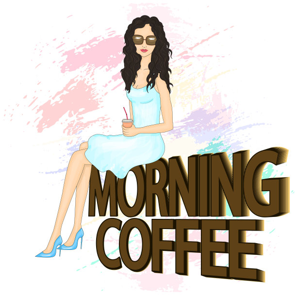 时尚插画。年轻貌美的女人，端着一杯咖啡。图片下载