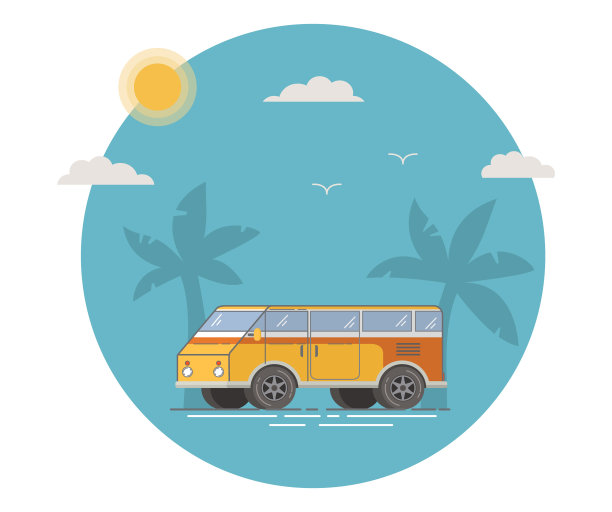 复古的旅行面包车。夏日的热带景观，棕榈树和阳光。平矢量休息在假日露营。图片下载