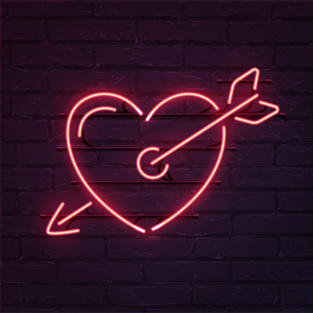 粉红色的心与箭头氖气标志。矢量现实霓虹心与箭头在砖墙。图片下载