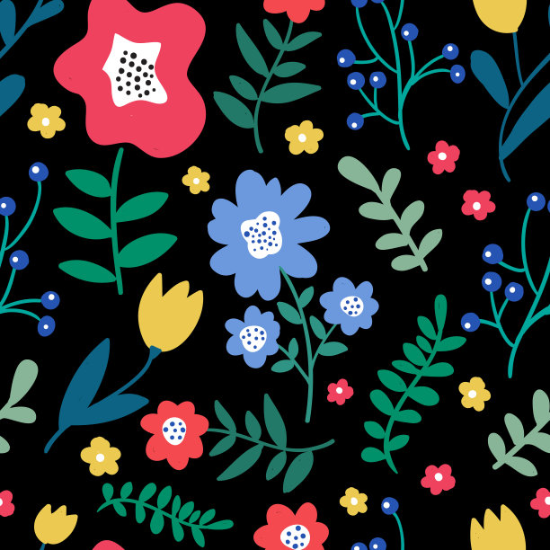 无缝的彩色花卉图案与野花在黑色的背景。简单的北欧风格。图片下载