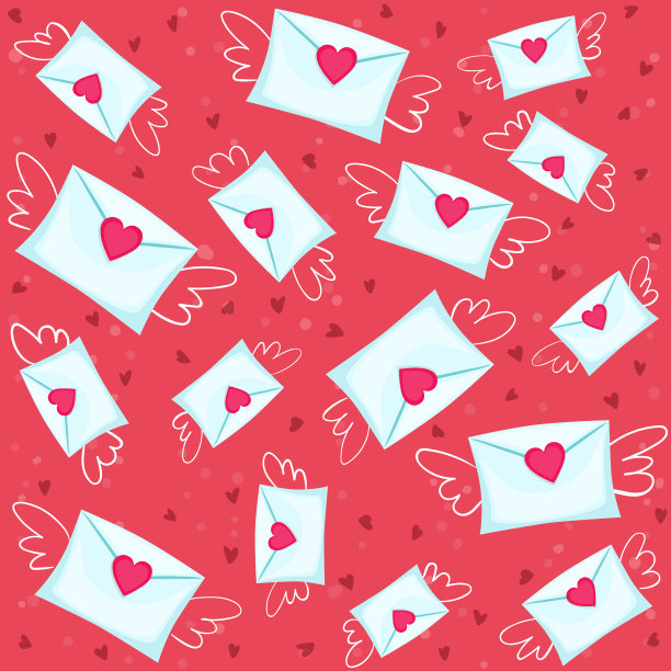 无缝可爱的心形图案和带翅膀的信封。图片下载