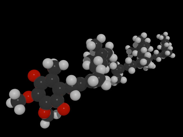 辅酶q10 (CoQ10)分子的3D插图，流行的营养和抗衰老补充。它是线粒体呼吸链中的重要化合物，是抑制线粒体产生自由基的抗氧化剂。孤立在黑色。图片下载