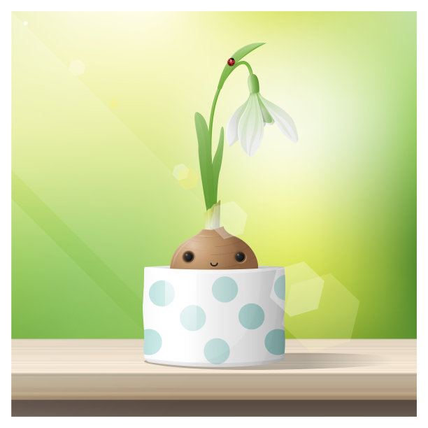 你好春天的背景与春天花雪花莲生长在一个花盆在木制的桌面，矢量，插图图片下载