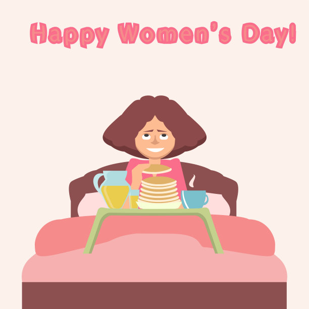 在妇女节的插画中，一个女人正在拿煎饼当早餐图片下载
