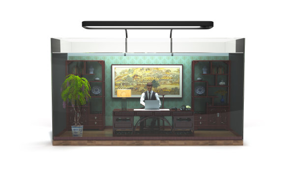 有限选择的概念，社会排斥，工作办公室在水族馆与3d生成的人3d渲染在白色图片下载