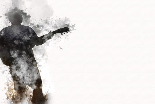 抽象的美丽男子弹吉他前景上的水彩画背景和数字插图画笔艺术。图片下载