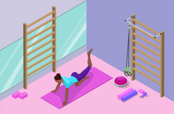 瑜伽工作室室内与非洲妇女做身体健康锻炼，运动训练，放松和冥想等三维矢量插图图片下载