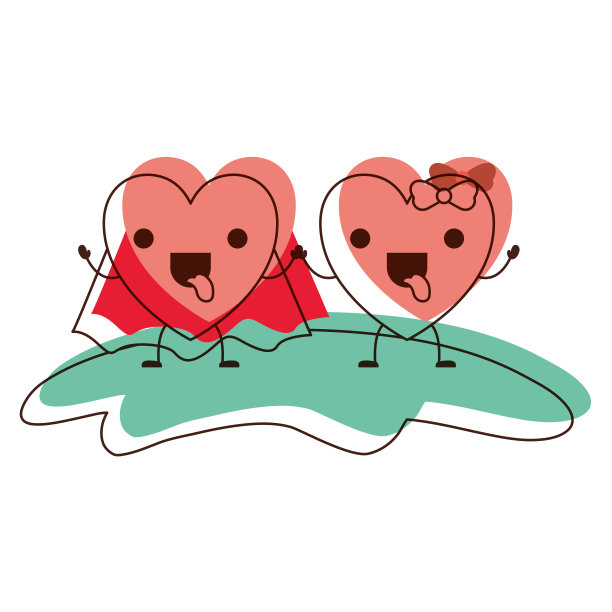 情侣心人物卡哇伊牵着手，他与大衣和她与顶结在滑稽的表情在水彩剪影图片下载