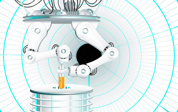 机械手臂用针头在实验室试管中注射橙色液体-奇妙的场景图片下载