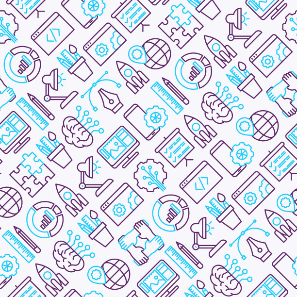 网页开发采用细线图标无缝模式，包括编程、平面设计、移动应用、策略、人工智能、优化、分析。背景矢量插图。图片下载