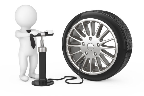 3d人与黑手气泵充气汽车车轮。3d渲染图片下载