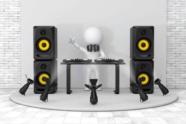 3d人Disc骑师与转盘，扬声器和耳机使会议在白色讲台与舞台聚光灯。3d渲染图片下载