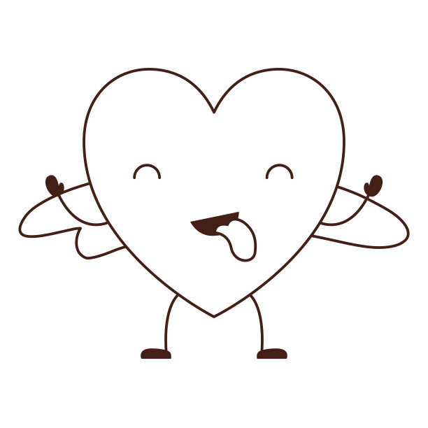 心形人物卡哇伊与翅膀和有趣的表情与紧闭的眼睛在棕色轮廓图片下载