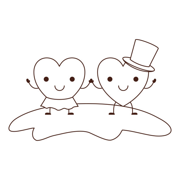 情侣心人物卡哇伊手牵手，她与裙子和他与大礼帽在微笑的表情在棕色轮廓图片下载