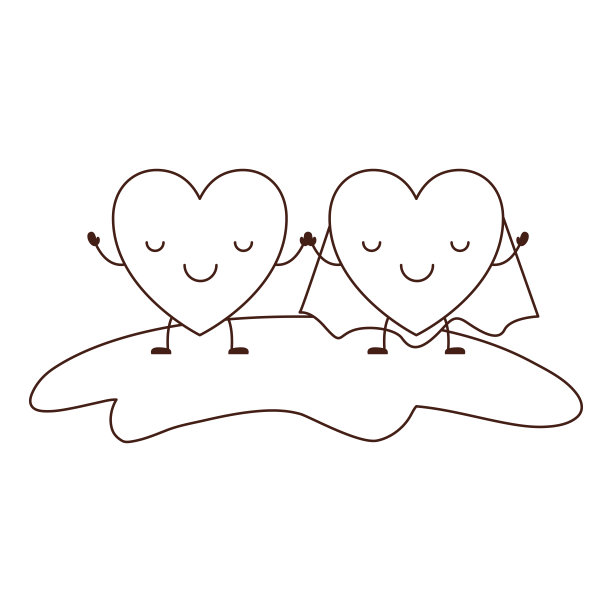 情侣心人物卡哇伊牵着手，他与外套在棕色轮廓冷静的表情图片下载