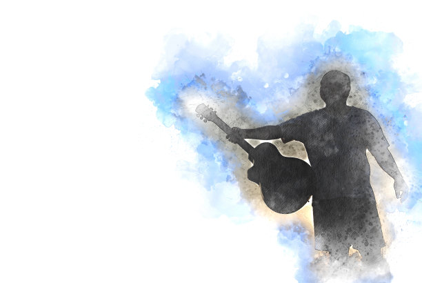 抽象美丽的抱吉他前景上的水彩画背景和数字插图画笔艺术。图片下载