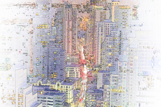 用铅笔素描水彩画抽象城市中的五彩建筑。图片下载